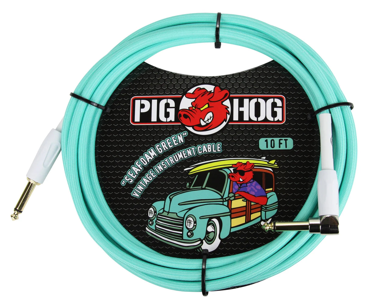 The image shows a Pig Hog "Seafoam Green" 10-foot vintage instrument cable with 1/4" connectors—one straight and one right-angle plug. It features Pig Hog’s red pig mascot and retro packaging with a vintage truck. The seafoam green color offers a classic look, ideal for guitarists and bassists needing a durable, stylish cable that fits securely with amps and pedals.