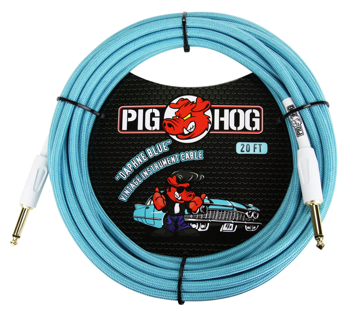 The image shows a Pig Hog "Daphne Blue" 20-foot vintage-style instrument cable with a light blue braided exterior, gold-plated 1/4" plugs, and the red pig mascot logo. It features black packaging decorated with a vintage car and pig graphic. Designed for electric guitars and other instruments, this durable, professional-grade cable combines reliable performance with distinctive, colorful styling.