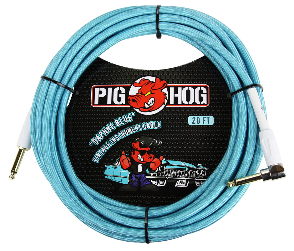 The image shows a 20-foot Pig Hog instrument cable in "Daphne Blue," featuring a woven light blue exterior and 1/4" phone plug connectors. It has a vintage-inspired design with professional-grade braided jacket. The label displays Pig Hog's red pig mascot riding a vintage car. This colorful, high-quality cable connects electric guitars, basses, and other instruments to amplifiers or audio gear.