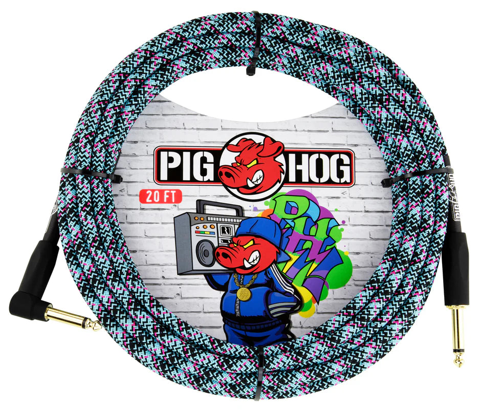 The image shows a Pig Hog 20-foot guitar cable with a woven fabric jacket in black, white, teal, and pink/purple, featuring a textile-like pattern instead of plain rubber. It has gold-plated 1/4" connectors, one straight and one right-angle, for instrument connections. The durable, flexible design combines unique aesthetics with protection, typical of Pig Hog's high-quality cables.
