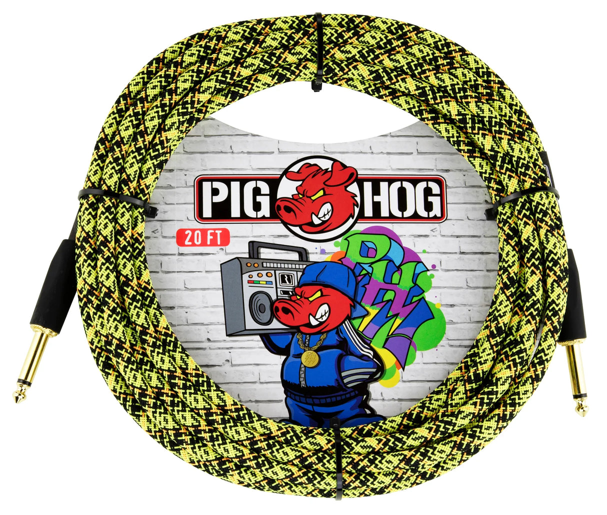 The image shows a Pig Hog brand 20-foot instrument cable with a yellow and black braided jacket and gold-plated 1/4" connectors. The packaging features the Pig Hog logo and cartoon pig mascot with a street art style on a brick wall background. Designed for guitars and other instruments, the cable offers durability, reduced interference, and vibrant aesthetics favored by musicians.