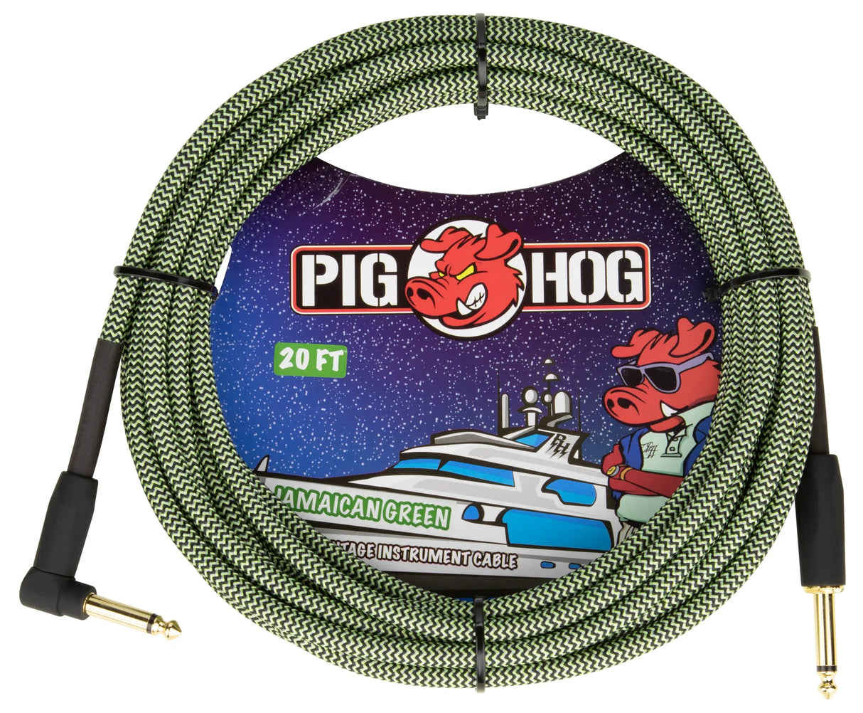 The image shows a Pig Hog 20-foot "Jamaican Green" instrument cable with a green and black woven jacket. It features gold-plated 1/4" phone plugs—one straight and one right-angled—and displays the Pig Hog red pig logo. Designed for guitars, basses, and other electronic instruments, the durable braided exterior enhances style and prevents tangling, making it a reliable choice for musicians.