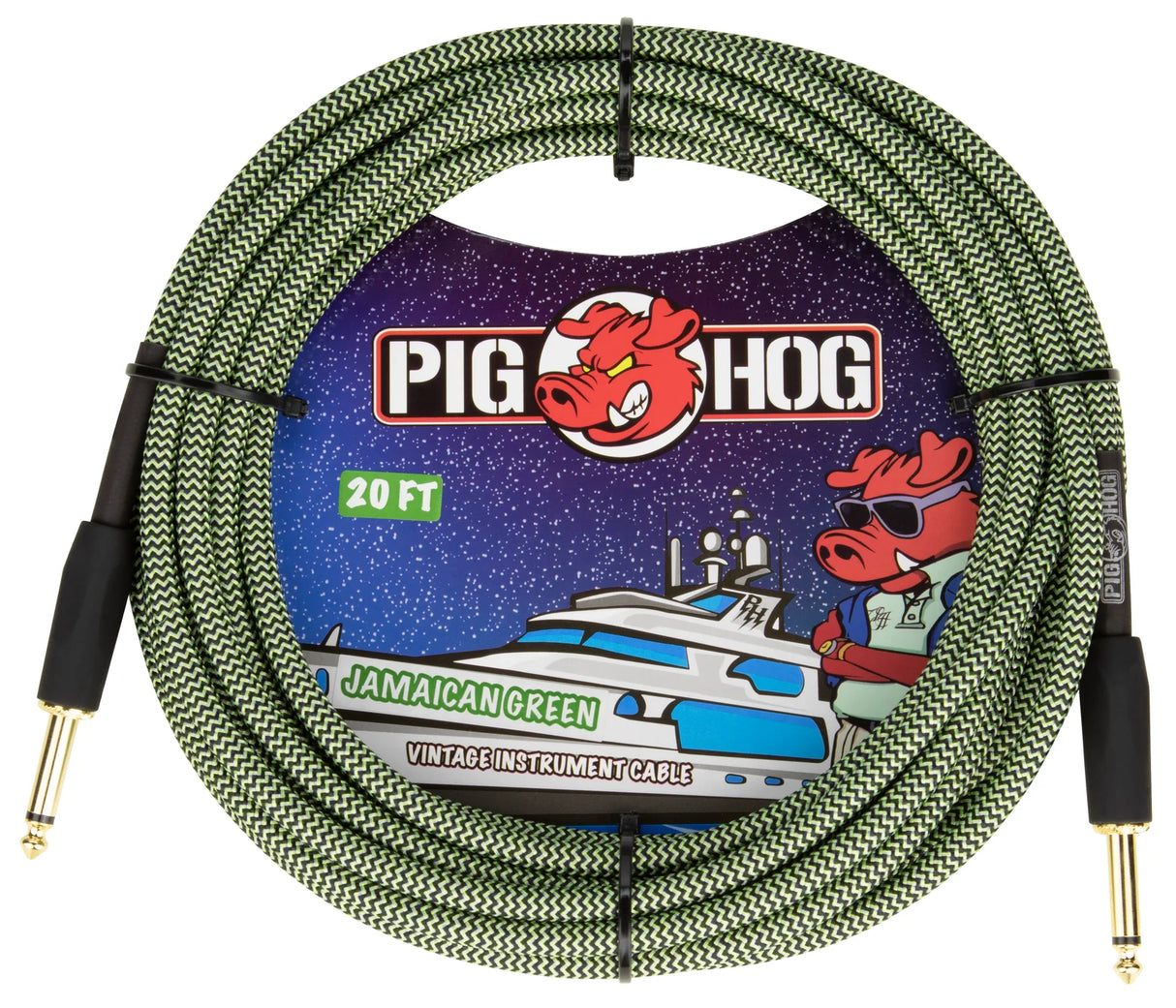 The image shows a 20-foot Pig Hog vintage instrument cable in "Jamaican Green," featuring a green and black woven chevron pattern. It has gold-plated 1/4" connectors on both ends and is coiled with packaging that depicts the pig mascot on a space-themed yacht. This premium, boutique-style cable is designed for connecting guitars, basses, and keyboards to amps or pedals, combining durability with distinctive visuals.