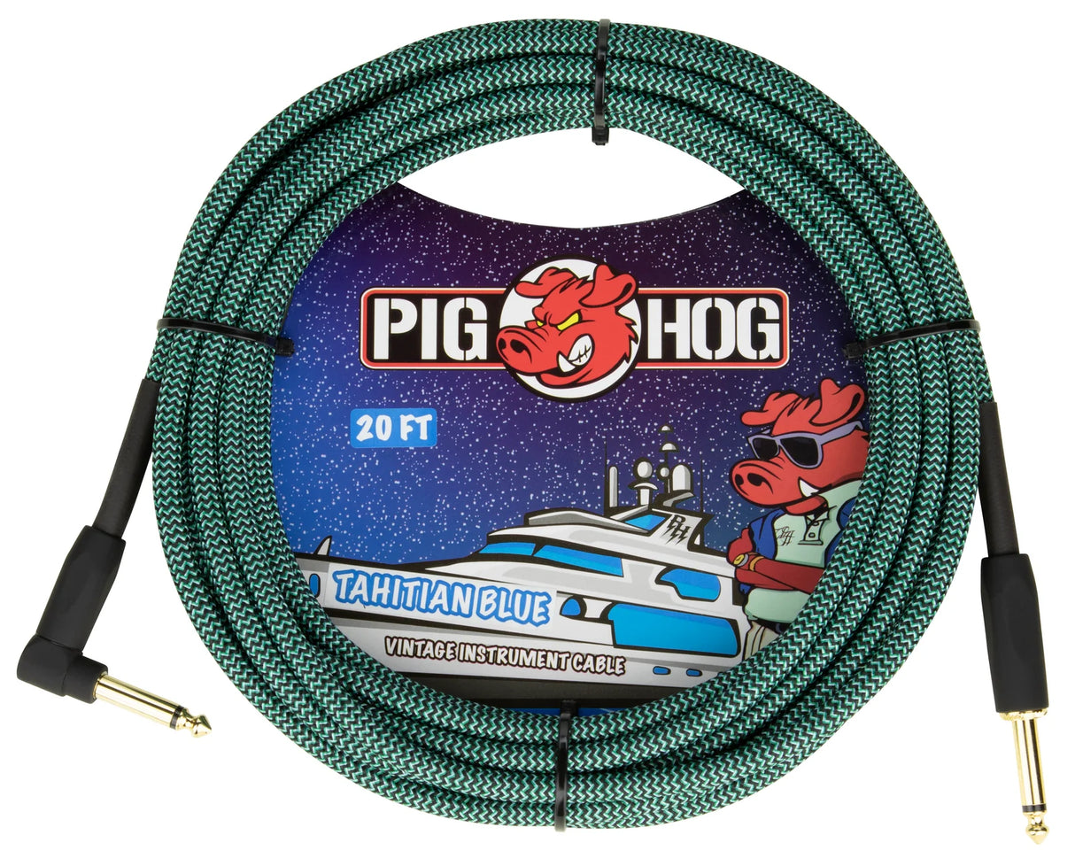 The image shows a Pig Hog 20-foot "Tahitian Blue" vintage instrument cable with a distinctive green/teal braided exterior. It features gold-plated 1/4" (6.35mm) phone plugs on both ends, designed for connecting guitars, basses, or keyboards to amps or audio gear. Known for durability, this high-quality cable offers excellent protection and reliable signal transfer, ideal for musicians.