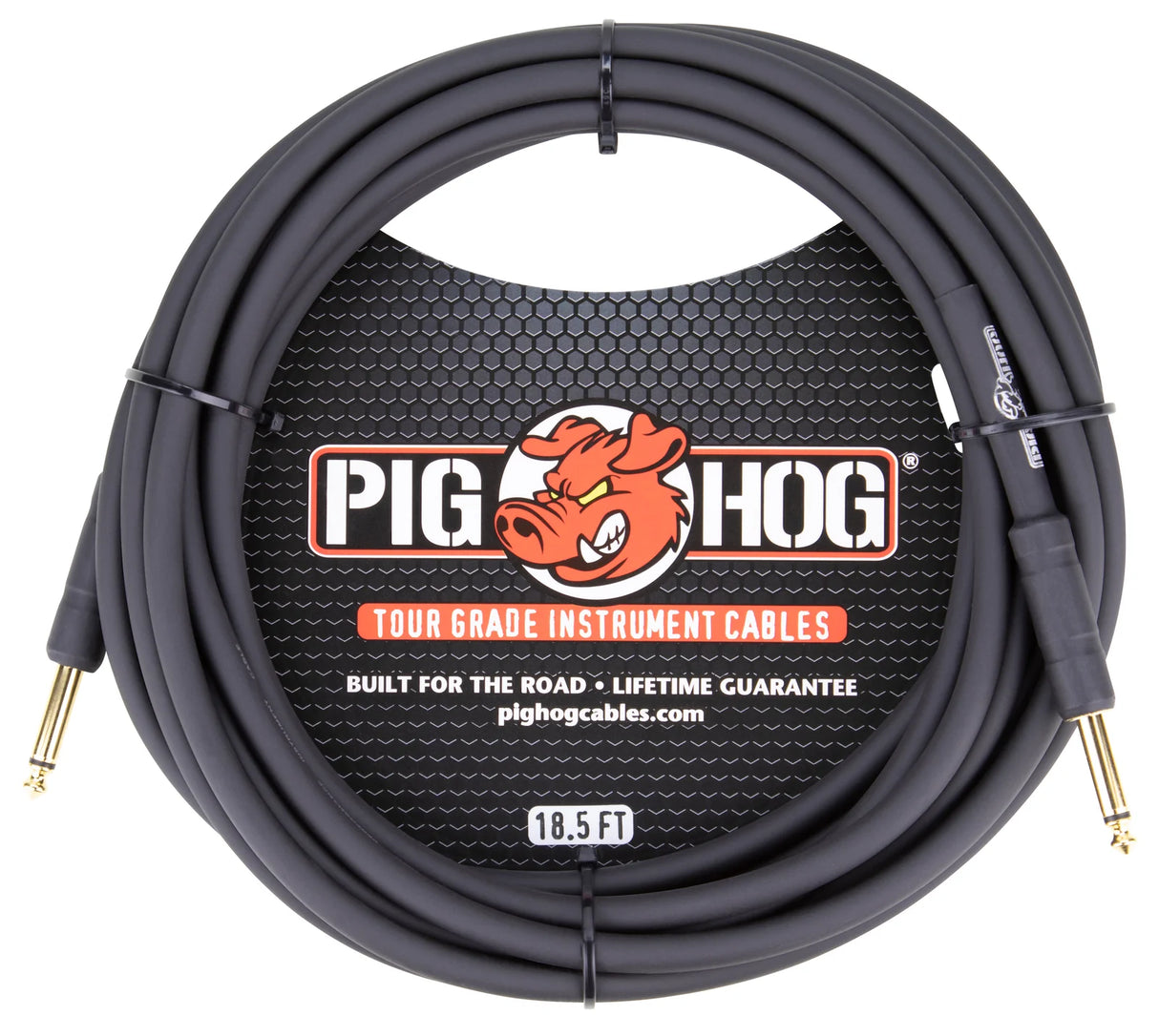 The image shows a Pig Hog Tour Grade instrument cable, 18.5 feet long, with dark gray/black insulation and gold-plated 1/4" phone plugs. Featuring the Pig Hog logo, it is marketed as "Built for the Road" with a lifetime guarantee. Designed for electric guitars, basses, and other instruments, this professional-quality cable offers durable, corrosion-resistant connectors ideal for live performance and reliable signal transmission.