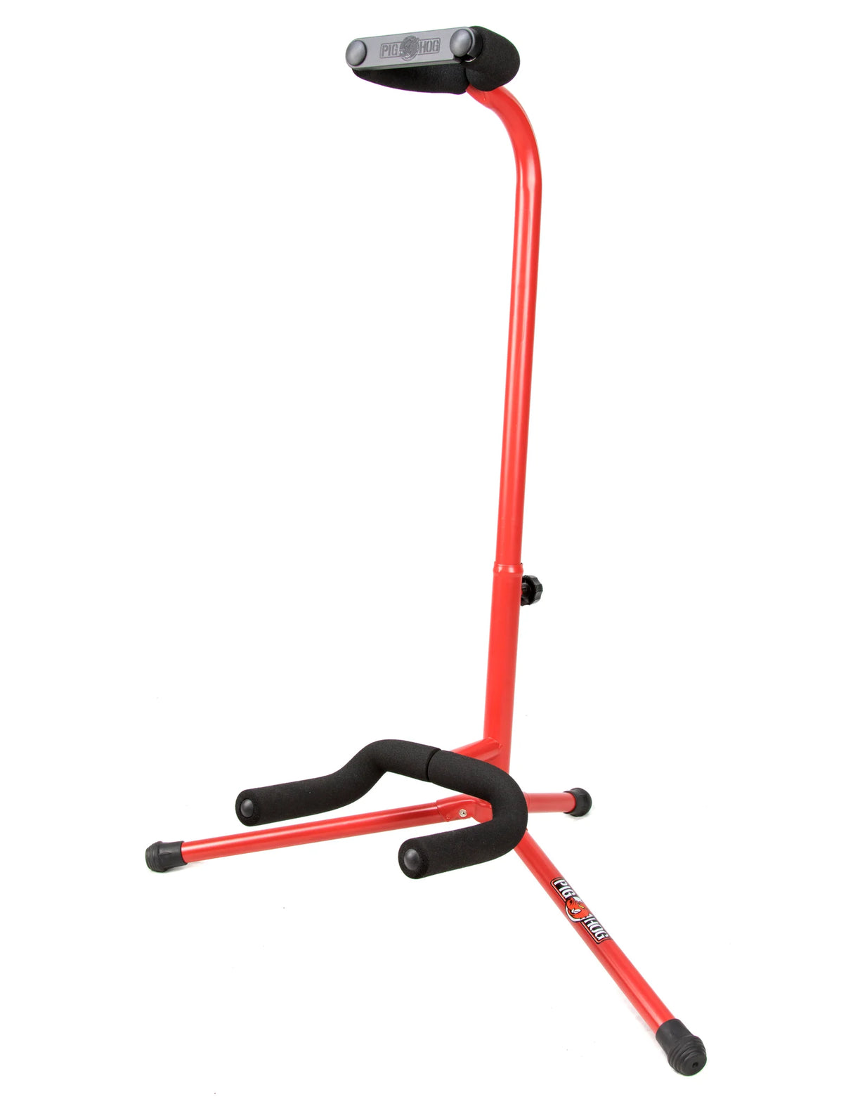 The image shows a single guitar stand with a bright red tubular metal frame and black padded supports. It features a stable tripod base, adjustable padded neck support, a cushioned body cradle, foldable design for portability, durable powder-coated tubing, and rubber feet to prevent slipping. This stand is suitable for safely holding standard acoustic or electric guitars in various settings.