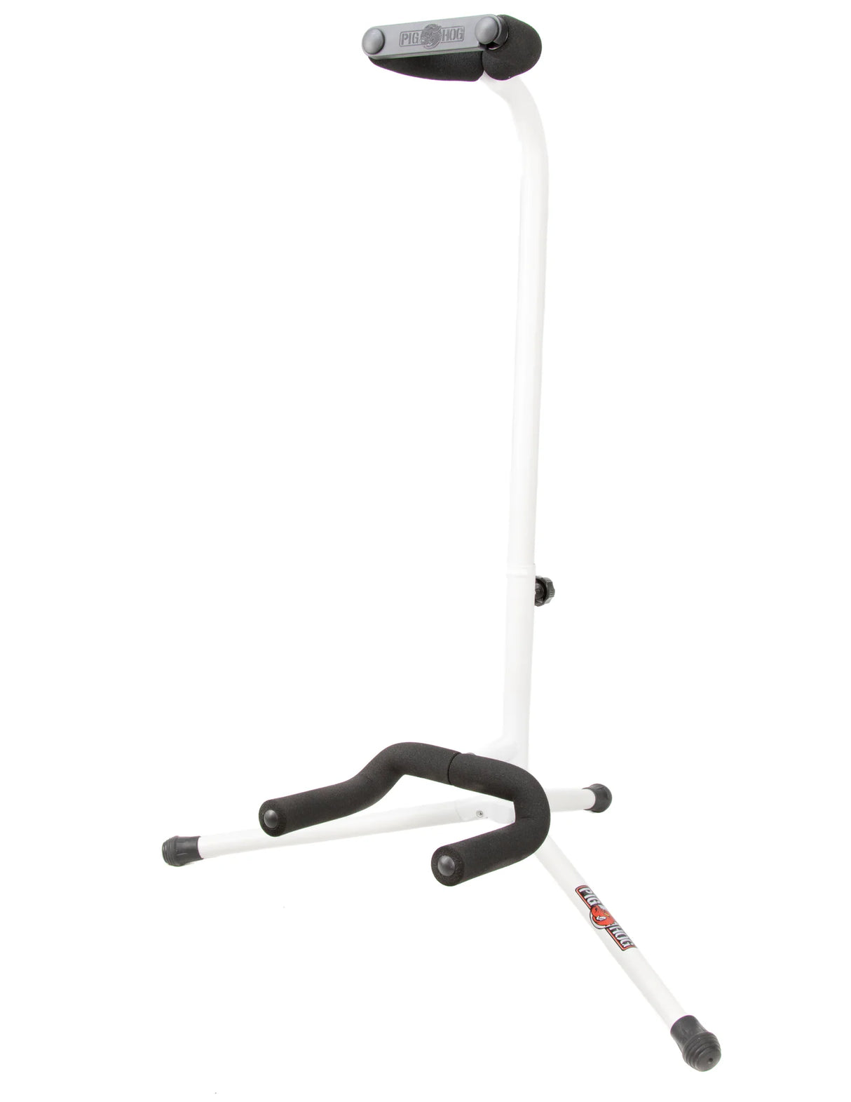The image shows a tripod-style guitar floor stand with a white metal frame and black rubber or foam padding at contact points to protect the instrument. It features three legs for stability, a vertical support post, an upper yoke to cradle the guitar body, and padded areas where the neck rests. This common accessory safely holds acoustic or electric guitars, preventing scratches during storage or display at home, studios, or performances.