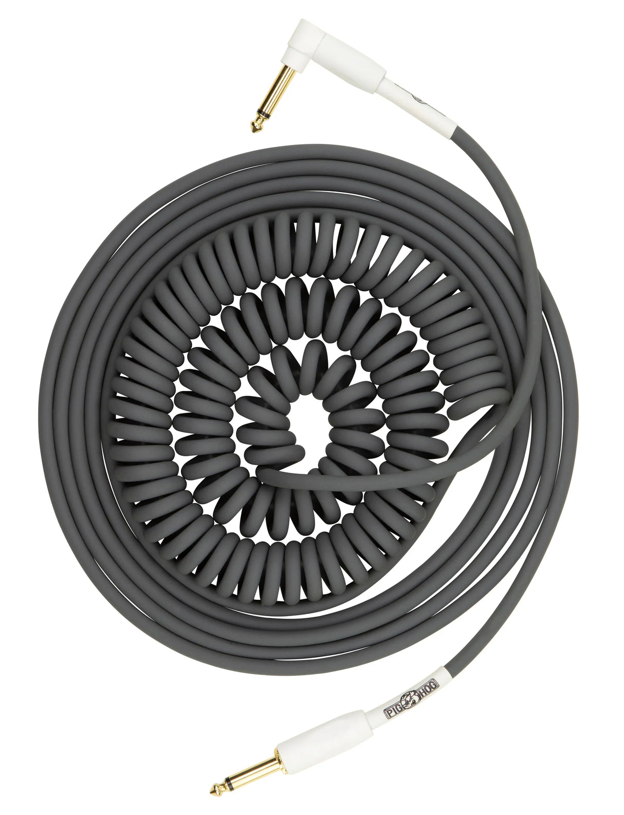 The image shows a coiled instrument cable with gold-plated 1/4" TS connectors and white housings. Its dark gray/black spiral design stretches and retracts, preventing tangles and allowing freedom of movement. Popular among guitarists and bassists, it connects electric instruments to amps or pedals, offering a classic vintage look favored in rock and blues.
