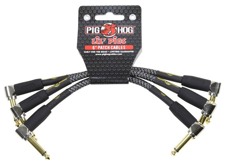 The image shows a set of Pig Hog "Lil' Pigs" 6-inch patch cables with gold-plated 1/4" right-angled connectors and black textured jackets. Designed for guitarists to connect effects pedals on pedalboards, these cables offer reliable signal transmission, space-saving design, and professional-grade durability. Ideal for creating tidy, efficient effects chains with minimal signal loss.