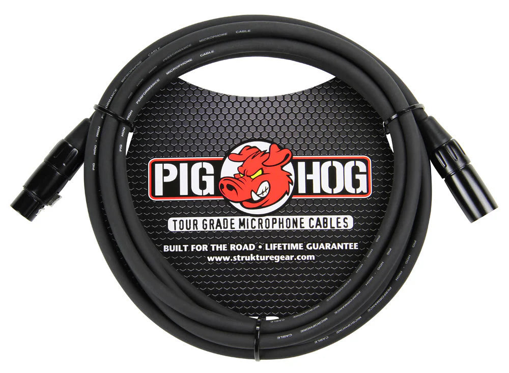 The image shows a professional Pig Hog tour-grade microphone cable with a black jacket, XLR connectors on both ends, and a red pig mascot logo. Designed for durability and frequent live use, it features sturdy construction and a lifetime guarantee. This cable is commonly used by musicians and sound engineers to connect microphones to audio equipment.