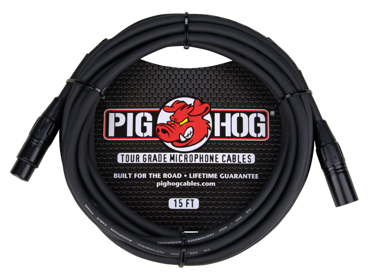 The image shows a coiled 15-foot black Pig Hog tour-grade XLR microphone cable with male and female connectors. It features the Pig Hog logo with a red pig mascot and is built for durability with a lifetime guarantee. Designed for professional audio use, it connects microphones to mixers or interfaces, making it ideal for musicians and audio engineers in live and studio settings.