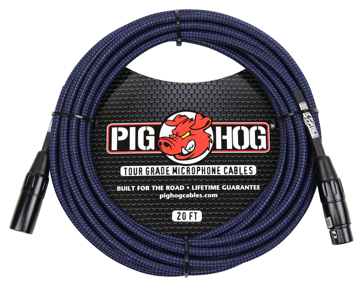 The image shows a Pig Hog brand 20-foot XLR microphone cable with a blue and black braided exterior. It features black metal XLR connectors, a "Tour Grade" label, and the Pig Hog logo with a red pig. Designed for professional use, it is built for durability, resists tangling, and comes with a lifetime guarantee, making it ideal for live and studio audio applications.