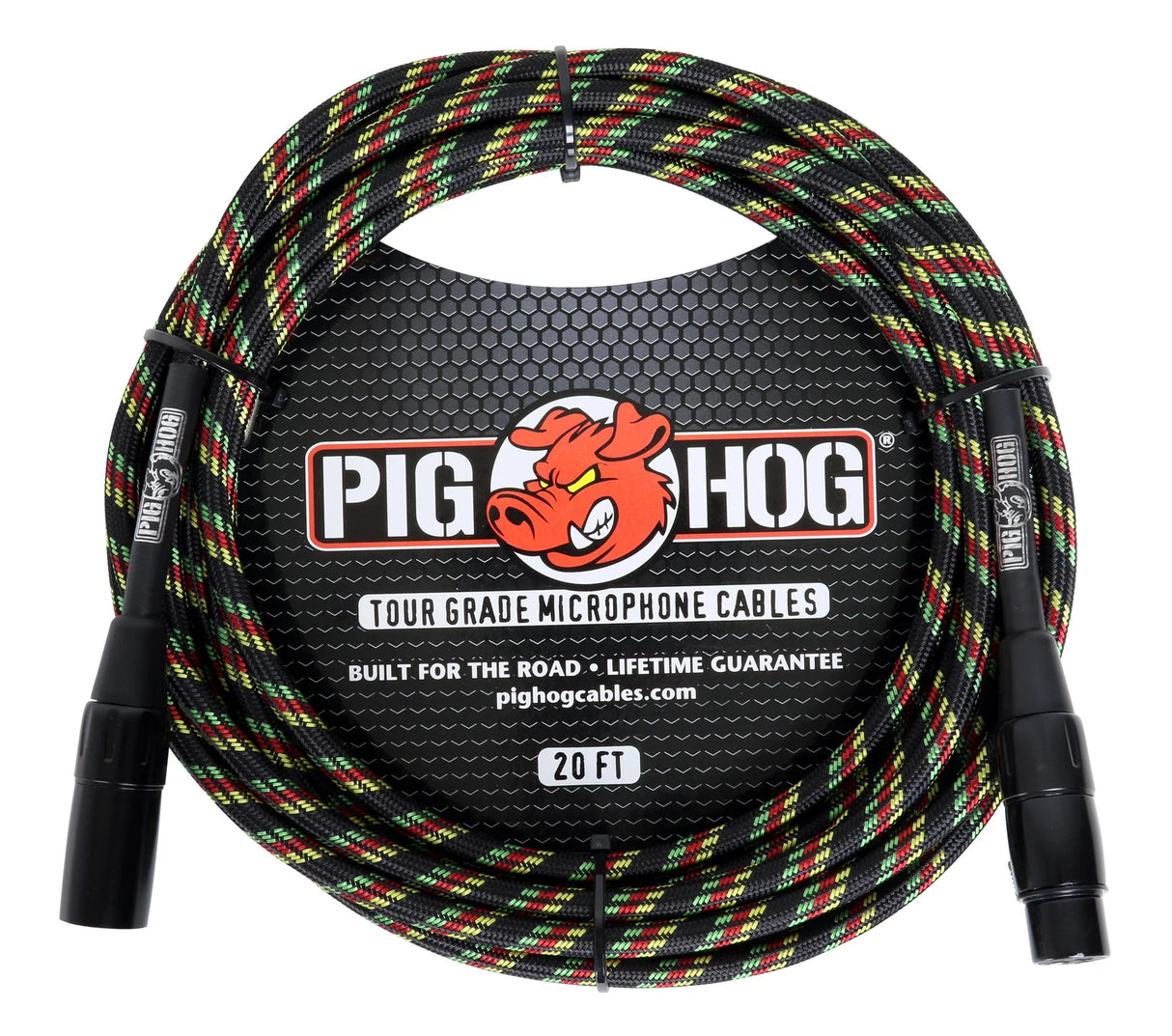 The image shows a Pig Hog Tour Grade 20-foot microphone cable with black XLR connectors. It has a colorful woven Rasta pattern exterior and features the red pig mascot logo. Marketed as "Built for the Road" with a lifetime guarantee, it comes in professional packaging with a black hexagonal background. This durable, tour-quality cable is designed for professional audio use.