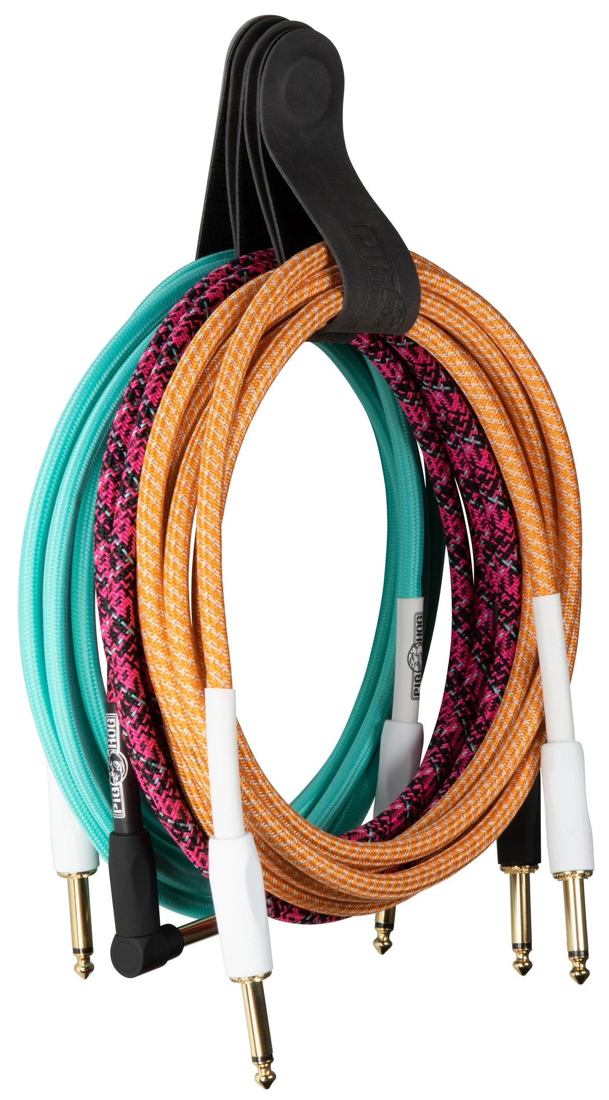 The image shows a collection of colorful guitar cables hanging neatly on a black cable organizer. The cables include solid teal, braided orange, pink with black geometric patterns, and black designs. Each cable features gold-plated 1/4" (6.35mm) connectors, standard for instruments like guitars and basses. These high-quality, braided cables combine durability and style, helping musicians keep gear organized and visually appealing.