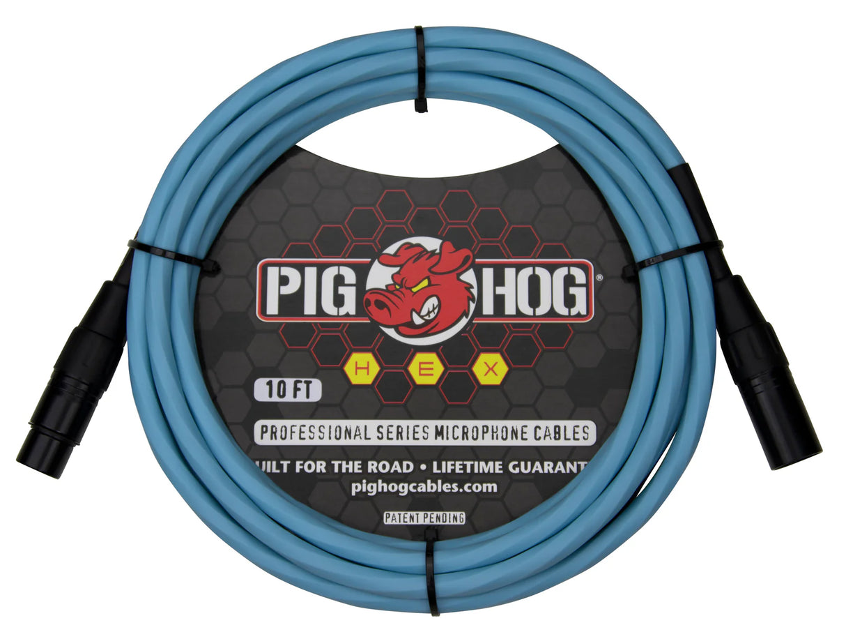 The image shows a 10-foot Pig Hog Professional Series XLR microphone cable with a bright blue/turquoise jacket and black male and female connectors. Designed for live performance, it features professional-grade construction, a lifetime warranty, and Pig Hog’s red boar logo. This coiled cable is essential for connecting microphones to audio equipment using reliable, balanced XLR connections.
