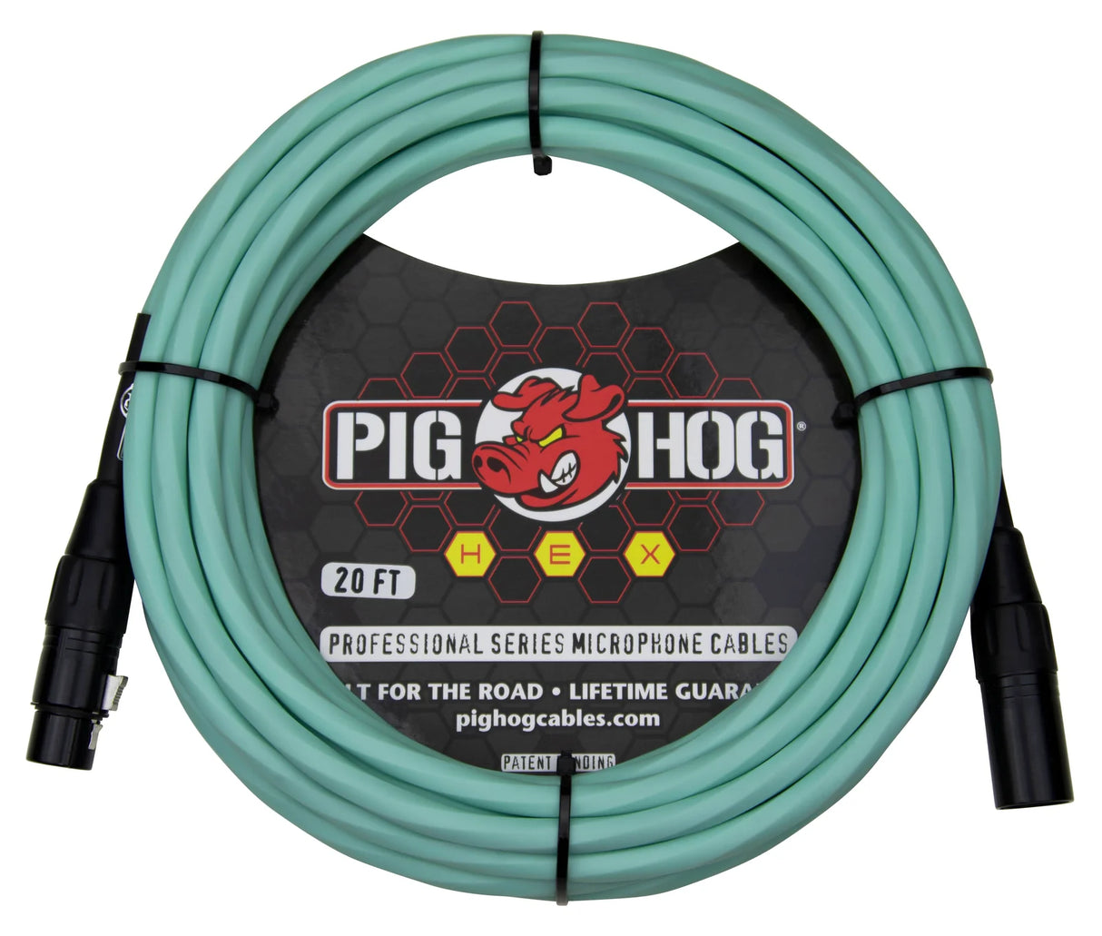 The image shows a 20-foot seafoam green Pig Hog Professional Series XLR microphone cable, coiled and secured with black ties. It features black XLR connectors, the brand’s red pig logo on black packaging, and "HEX," "Built for the Road," and "Lifetime Guarantee" labels. This durable, professional-grade cable is designed for live and studio use, easily identifiable by its distinctive color.