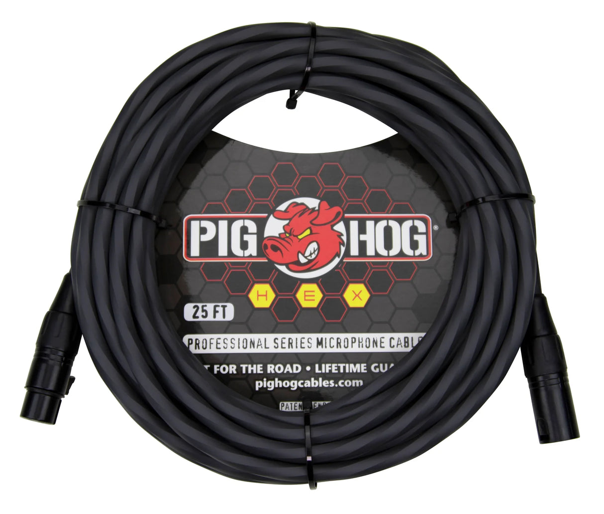 The image shows a Pig Hog Professional Series 25-foot XLR microphone cable with black connectors and sheathing. The packaging features the Pig Hog logo with a red pig mascot and a hexagonal "HEX" design in yellow. It includes 3-pin male and female XLR connectors and is labeled "FOR THE ROAD" with a "LIFETIME GUARANTEE," signifying durability for professional audio use.
