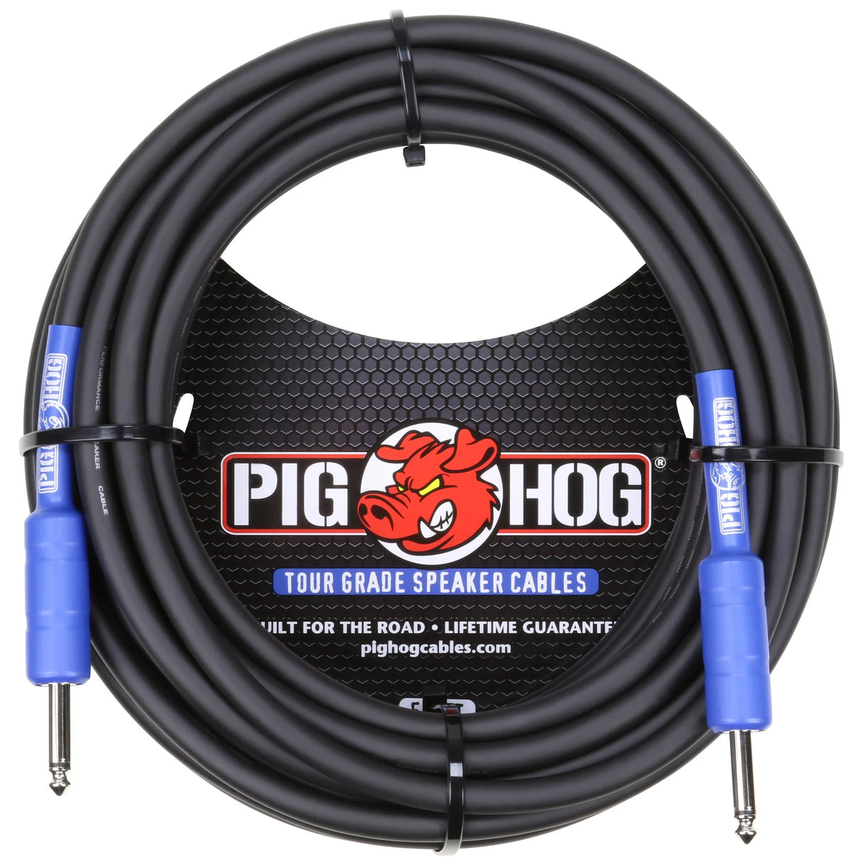 The image shows a Pig Hog Tour Grade Speaker Cable, a black coiled audio cable with blue 1/4" phone plug connectors. The packaging features the Pig Hog logo with a red pig mascot, highlights "Built for the Road" and a "Lifetime Guarantee." Designed for professional use, it connects guitar amps to speaker cabinets and is built for durability in live and studio settings.