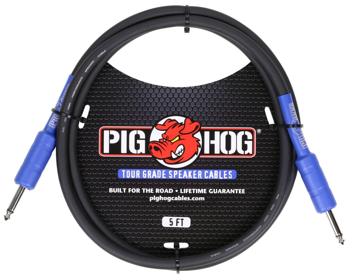 The image shows a Pig Hog tour-grade speaker cable with a 5-foot length and 1/4" blue phone plug connectors. Featuring a durable black jacket and the brand's red pig mascot, it’s built for professional use with a lifetime guarantee. This cable connects amplifiers to speaker cabinets, handling high power loads essential for guitar and bass rigs in live and touring environments.