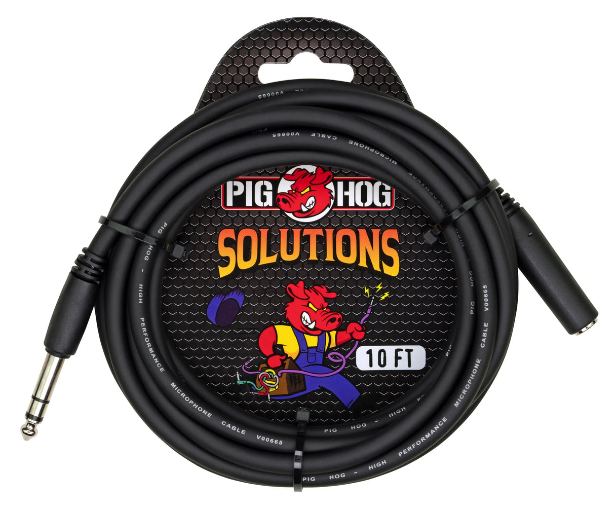 The image shows a Pig Hog Solutions 10-foot microphone cable with a black, durable design. It features an XLR connector on one end and a 1/4" phone plug on the other. The retail packaging displays colorful graphics and the brand's red pig mascot. This professional cable is commonly used for connecting microphones to audio equipment in studios and live sound settings.