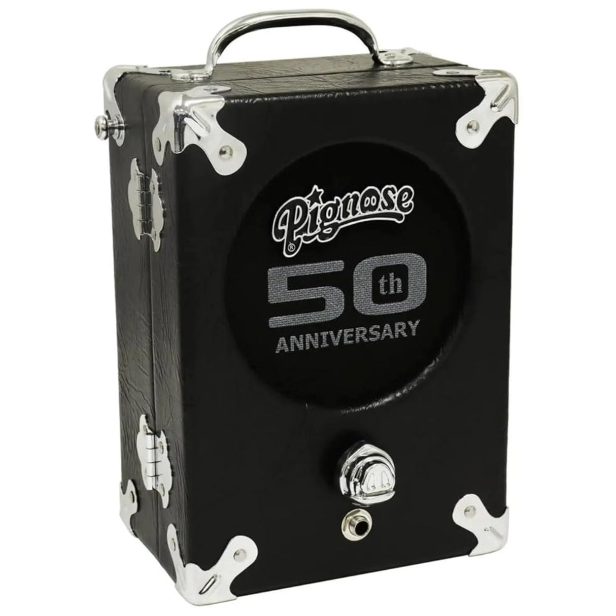 The image shows a black Pignose 50th Anniversary portable guitar amplifier with chrome corner protectors and hardware. It features the Pignose logo, "50th Anniversary" text, a carry handle, input jack, and control knob on a compact, suitcase-style rectangular design. This classic battery-powered amp, popular since the 1970s, is known for its vintage road case look and portability.