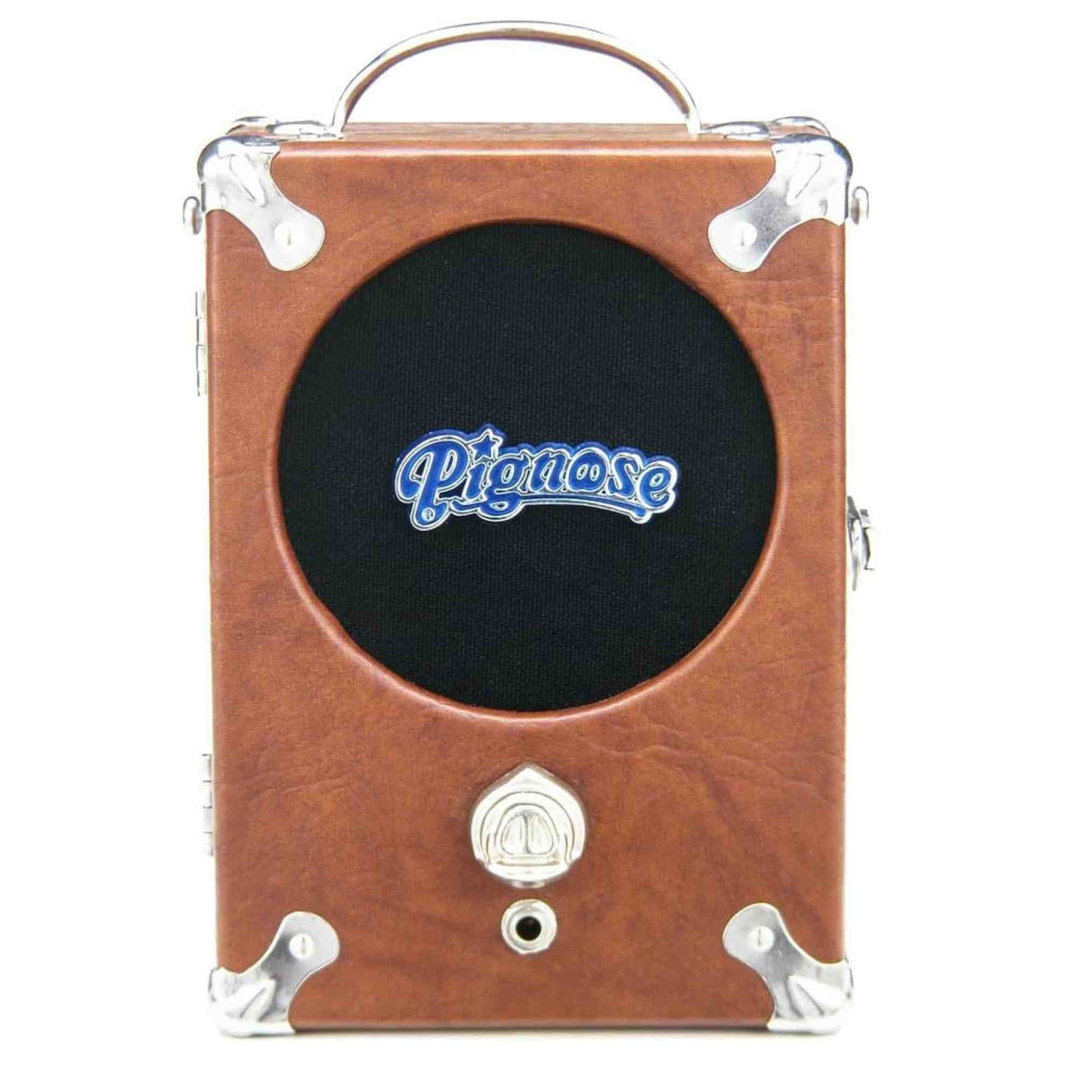The image shows a Pignose portable guitar amplifier with a compact, suitcase-style brown/tan design, chrome corners, and a handle. It features a black speaker grille with a blue "Pignose" logo, a single control knob, a 1/4" input jack, and a built-in speaker. Popular since the 1970s, it’s favored by street performers and guitarists for its distinctive compressed tone and portability.