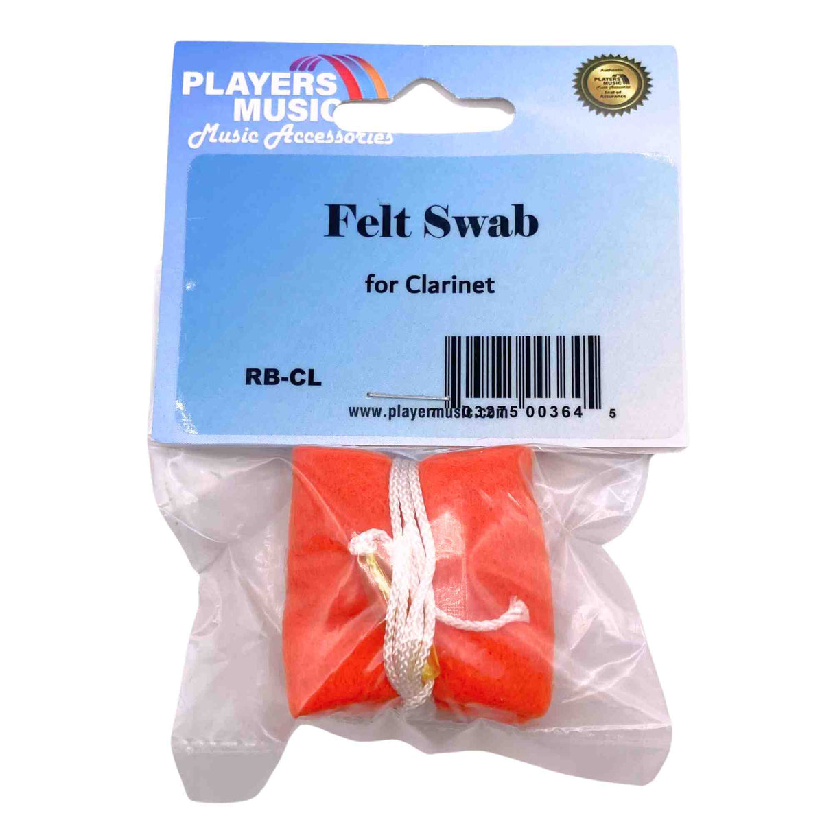 The image shows a clarinet cleaning accessory, a Players Music "Felt Swab for Clarinet" (product code RB-CL) in retail packaging. The package features a blue header card with the brand logo and tagline, and a clear plastic section revealing an orange/red felt swab with a white cord. This swab is designed to clean the clarinet’s interior by absorbing moisture and protecting the instrument from damage.