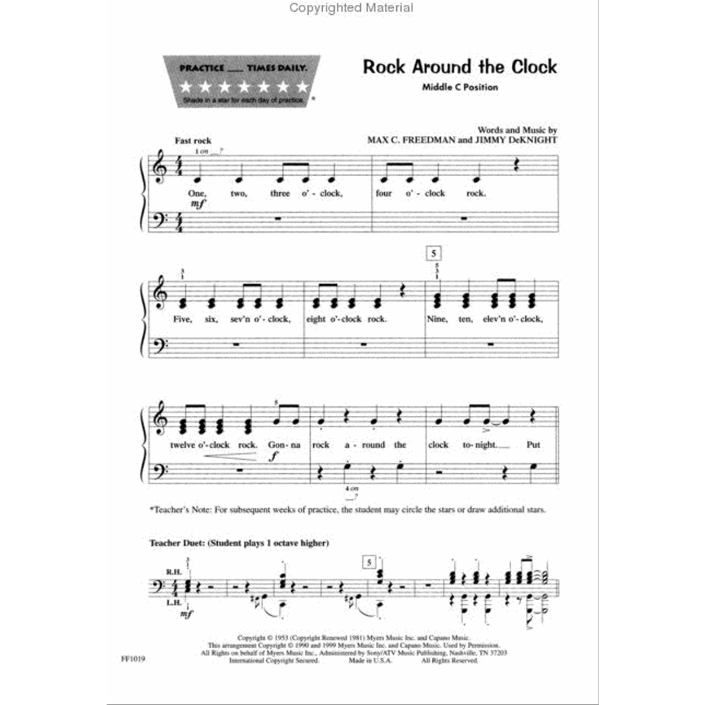 The image shows sheet music for "Rock Around the Clock," arranged for piano in C major, 4/4 time, with a fast rock tempo. It includes treble and bass clefs, lyrics below the melody, and educational features like a "Practice Times Daily" banner with 7 stars, "Middle C Position" marking, a teacher's note on practice tracking, and a "Teacher Duet" section. Words/music by Freedman and DeKnight, published by Myers Music, catalog FF1019.