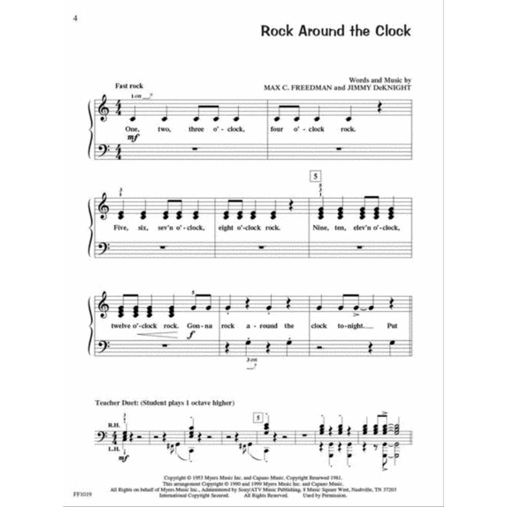The image shows a page of sheet music for "Rock Around the Clock" by Max C. Freedman and Jimmy DeKnight. It features a piano arrangement in 4/4 time with treble and bass clefs, lyrics beneath the melody, a "Fast rock" tempo, and mezzo-forte dynamics. Visible lyrics include the iconic opening lines. The page includes measure numbers, a "Teacher Duet" bass part, copyright info, and a page number, suggesting it's from an educational piano book.