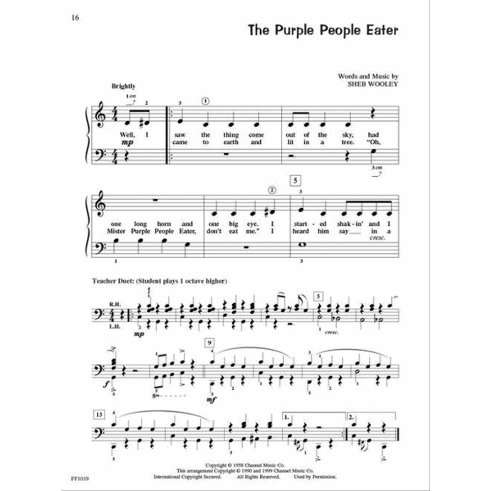 The image shows a page of sheet music for "The Purple People Eater" by Sheb Wooley, featuring a piano arrangement with melody and lyrics, including lines about a horn and eye. The bottom section has a teacher-student duet with a more complex bass part. Musical notations like tempo, dynamics, and measure numbers are present. Copyright by Chancel Music Co. suggests it’s from an educational piano method book.