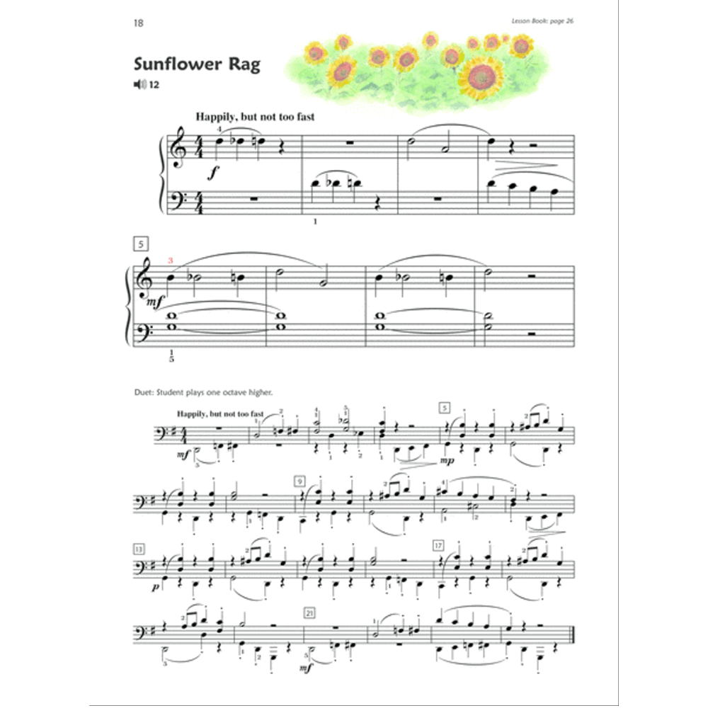 The image shows a page of piano sheet music titled "Sunflower Rag," in 4/4 time and marked "Happily, but not too fast." It features syncopated ragtime rhythms, dynamic markings, slurs, ties, and articulation. The page, numbered 18, includes a decorative sunflower, multiple systems with numbered measures, rehearsal letters, and a duet section with a note for the student to play one octave higher.