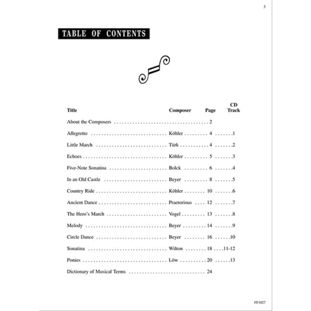 The image shows a table of contents page from a music book with a black header titled "TABLE OF CONTENTS." It lists classical piano pieces by composers like Köhler, Türk, and Beyer, with columns for Title, Composer, Page, and CD Track. The book includes sections on composers, a musical terms dictionary, and corresponding CD tracks, suggesting an educational piano method for beginner to intermediate players.