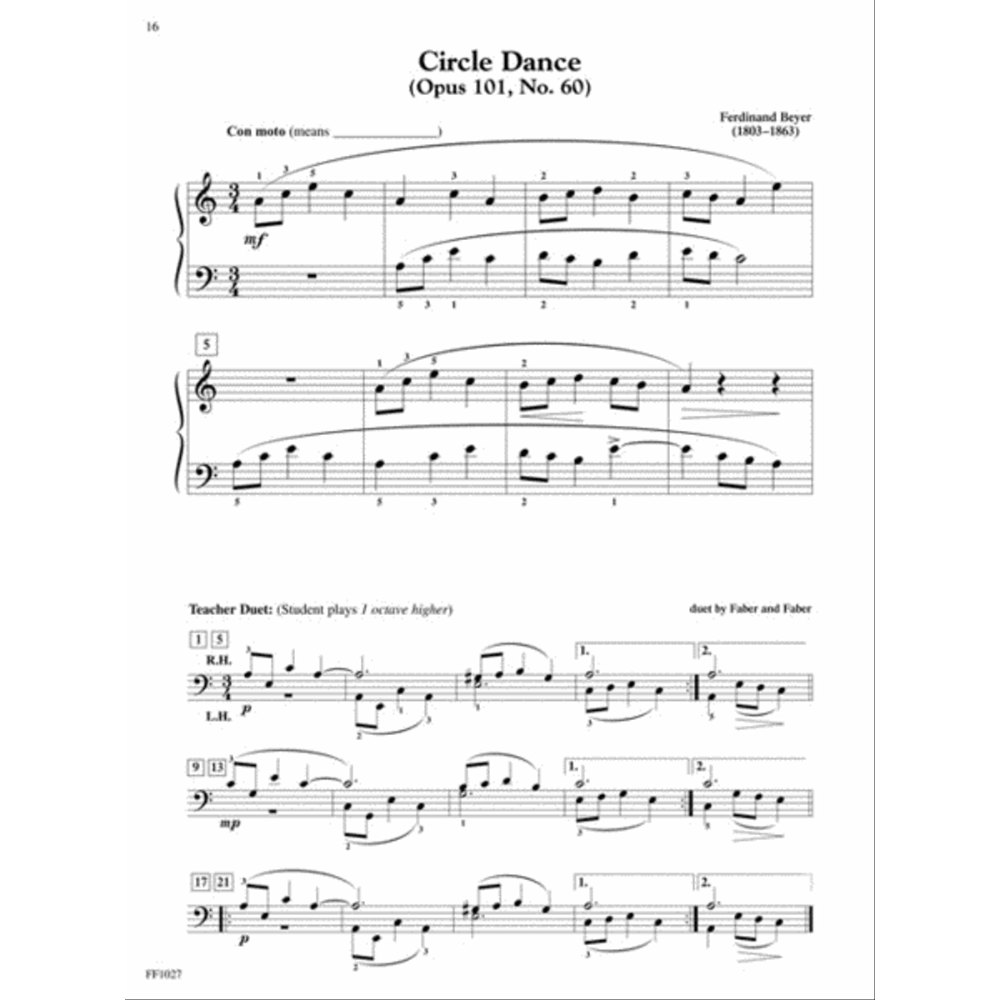 The image shows sheet music for piano featuring two pieces: "Circle Dance" (Op. 101, No. 60) by Ferdinand Beyer in 3/4 time with treble and bass clefs, fingering, phrasing, marked "Con moto" and "mf"; and "Teacher Duet" arranged by Faber and Faber with bass clef, dynamics ("p," "mp"), slurs, fingering, and a note that the student plays an octave higher. Both are from a beginner piano method book.