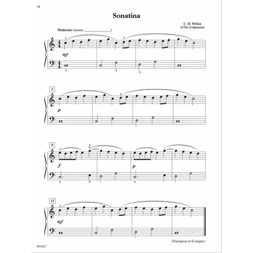 The image shows a page of piano sheet music titled "Sonatina" by C. H. Wilton (1761-Unknown). It features treble and bass clefs in 4/4 time with a "Moderate" tempo marking. The excerpt includes measures 1-16, dynamic markings (mf, p, f), slur phrases, and a note to transpose to G major. The page number IX and publisher code FF1027 are visible. The piece is beginner to intermediate level with a simple melodic line and harmonic accompaniment.