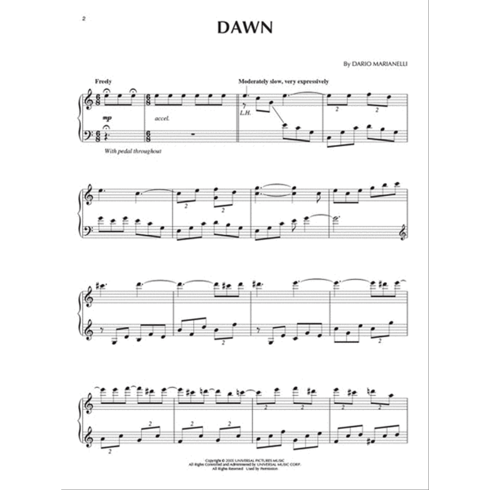 The image shows page 2 of the piano sheet music for "DAWN" by Dario Marianelli. It features grand staff notation, dynamic markings like "mp," tempo directions including "Freely," "Moderately slow," and "accel.," as well as fingering and pedal instructions. The piece is in 6/8 time and includes expressive, flowing lines. A copyright notice from Universal Pictures Music appears at the bottom, indicating its origin from a film soundtrack.