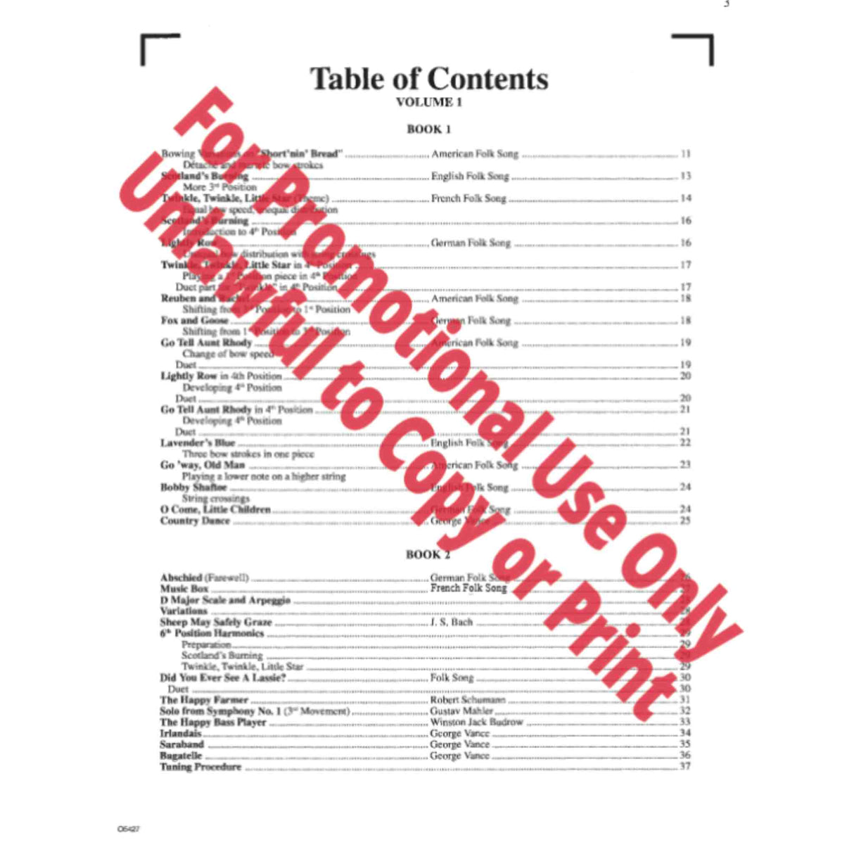 Table of contents for the book,"Progressive Repertoire for the Double Bass- Volume 1."
