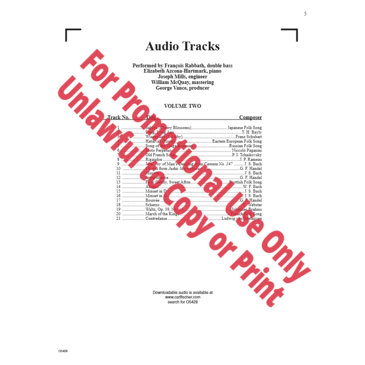 A list of the audio tracks in the book ,"Progressive Repertoire for the Double Bass- Volume 2."