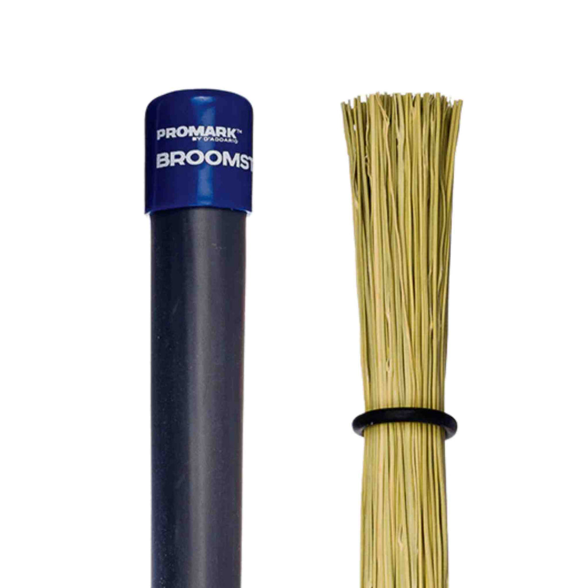 A combined view of Promark broomstick drumsticks. On stick is shown with the broom fibers and the other stick is upside down showing the dark blue handle.