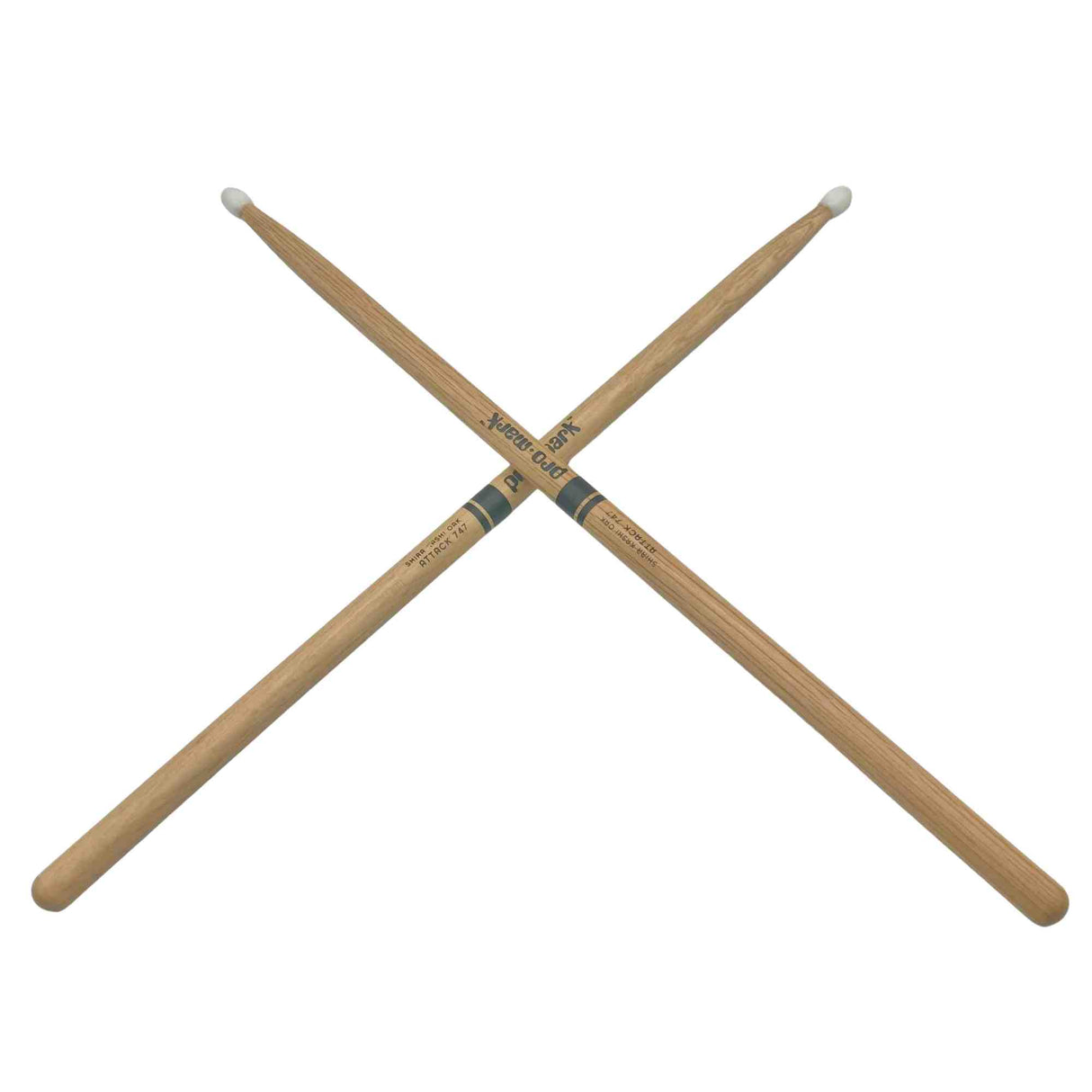 The image shows a pair of professional-quality wooden drumsticks made of light-colored wood, likely hickory or maple. Each stick has white nylon tips and dark bands around the shaft, probably for branding. The sticks are crossed in an X-pattern against a white background, appearing new or for display, suitable for various musical styles and drumming needs.