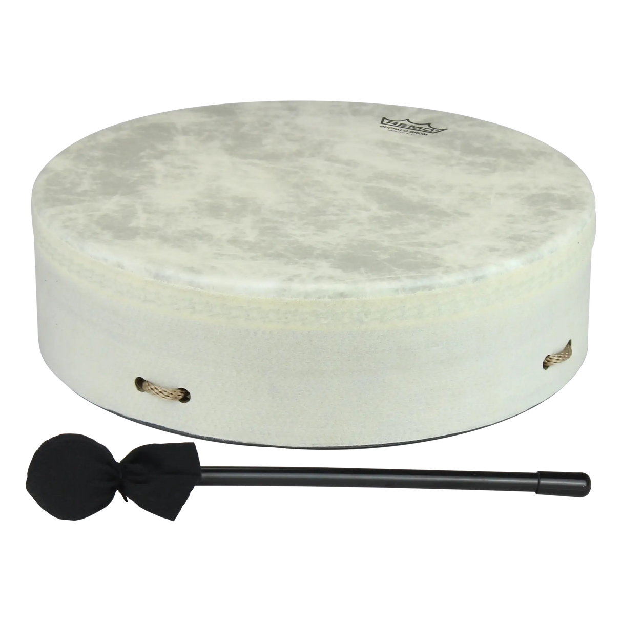 White drum with a black beater on a white background