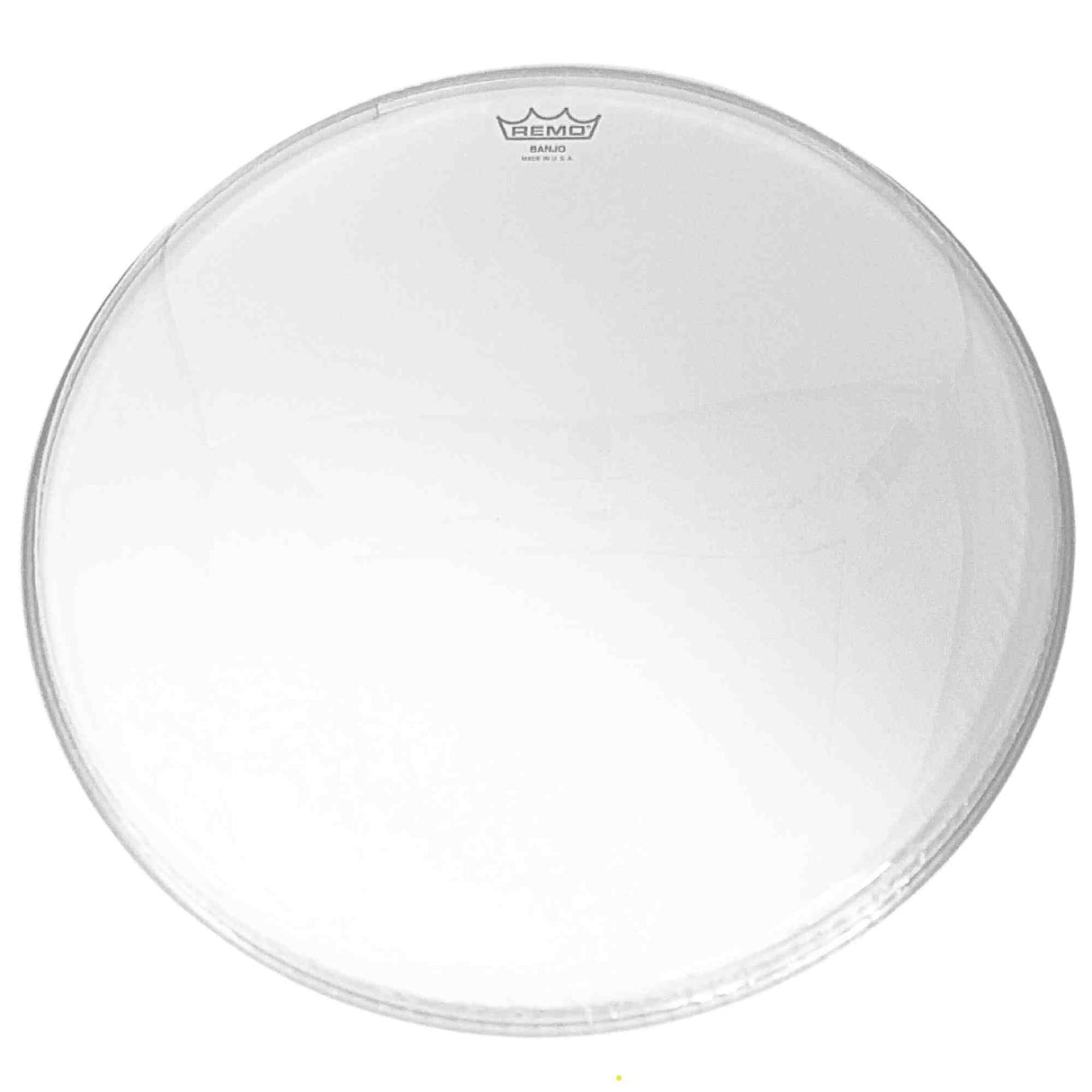 Clear banjo head with Remo logo on a white background
