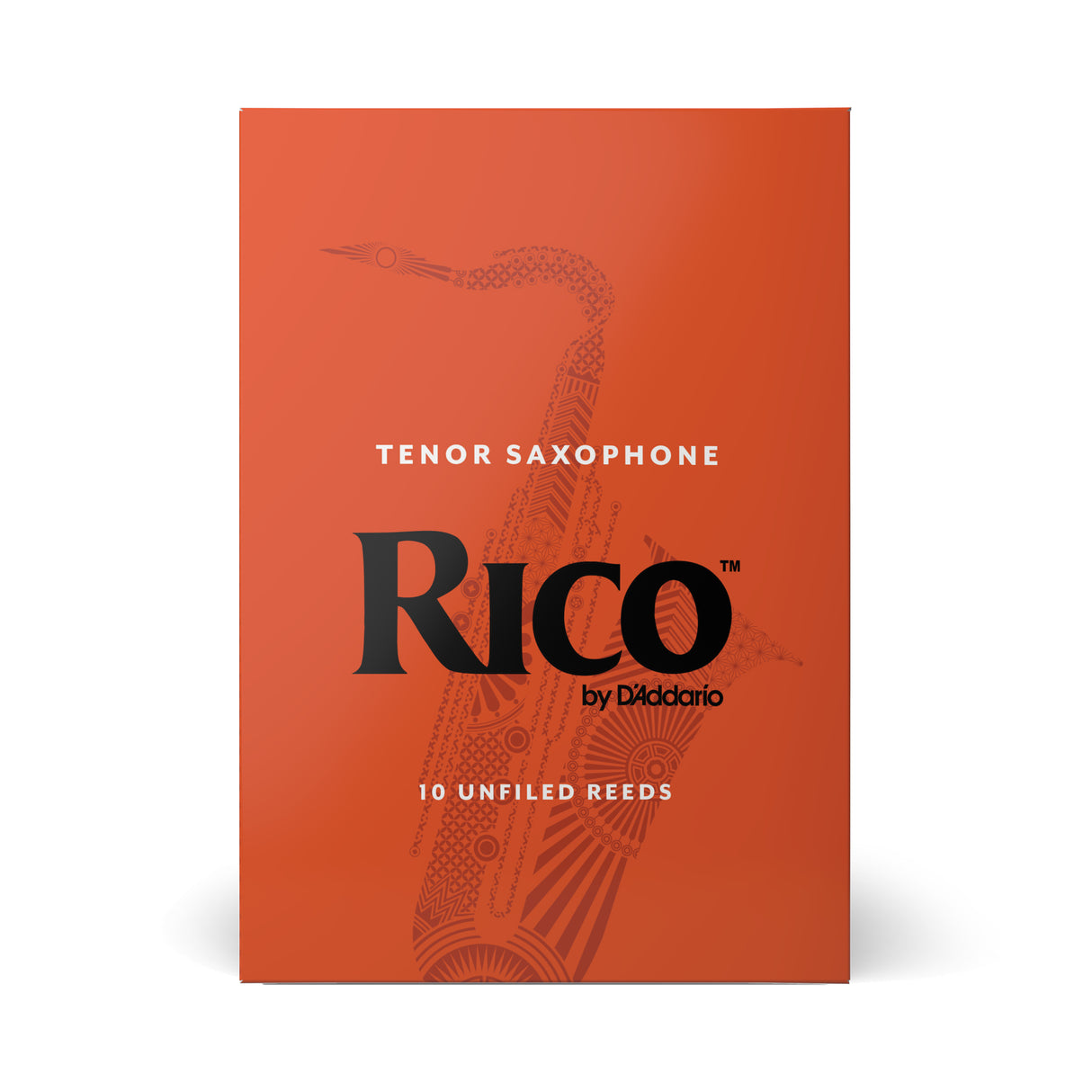 Packaging for Rico by D'Addario Tenor Saxophone reeds. The package is colored orange with the brand name prominently displayed, and it indicates that it contains 10 unfiled reeds for tenor saxophones.