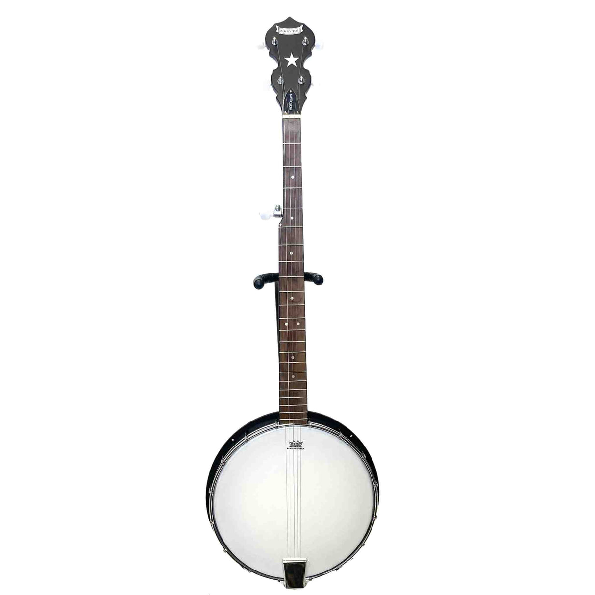The image shows a 5-string banjo with a circular body featuring a white drumhead, a long neck with a dark fingerboard and fret markers, and a decorative headstock with tuning pegs and a star design. Multiple strings run from the headstock to the rimmed body. This string instrument, common in folk and bluegrass music, produces a bright, percussive sound distinct from guitars due to its drumhead construction.