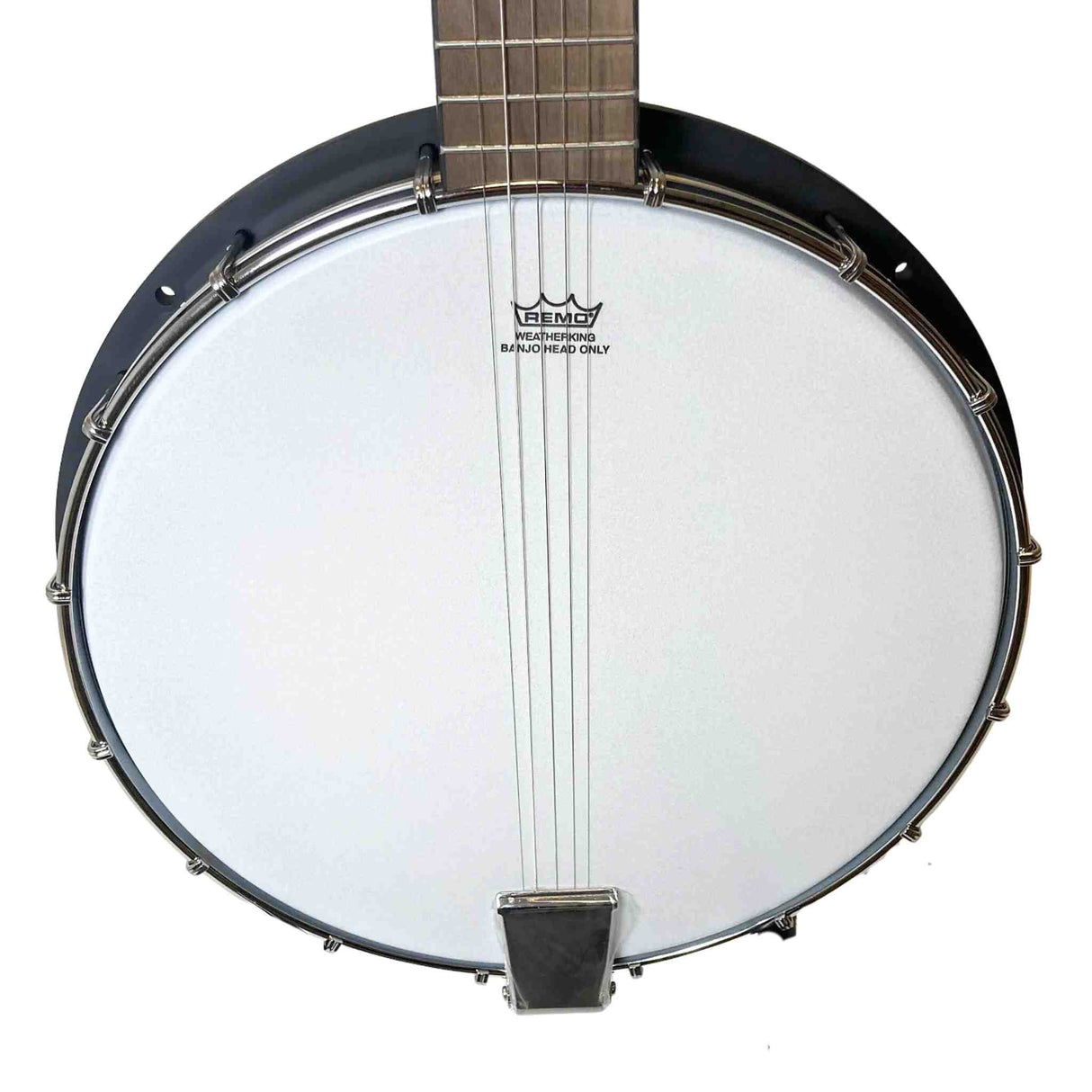 The image shows a banjo viewed from above, featuring a circular body with a white Remo Weatherking drumhead. It has a wooden neck with 4-5 strings, frets, a metal rim, tension rods around the body, and a tailpiece anchoring the strings. This string instrument combines elements of percussion and is commonly used in folk, bluegrass, country, and traditional American music.