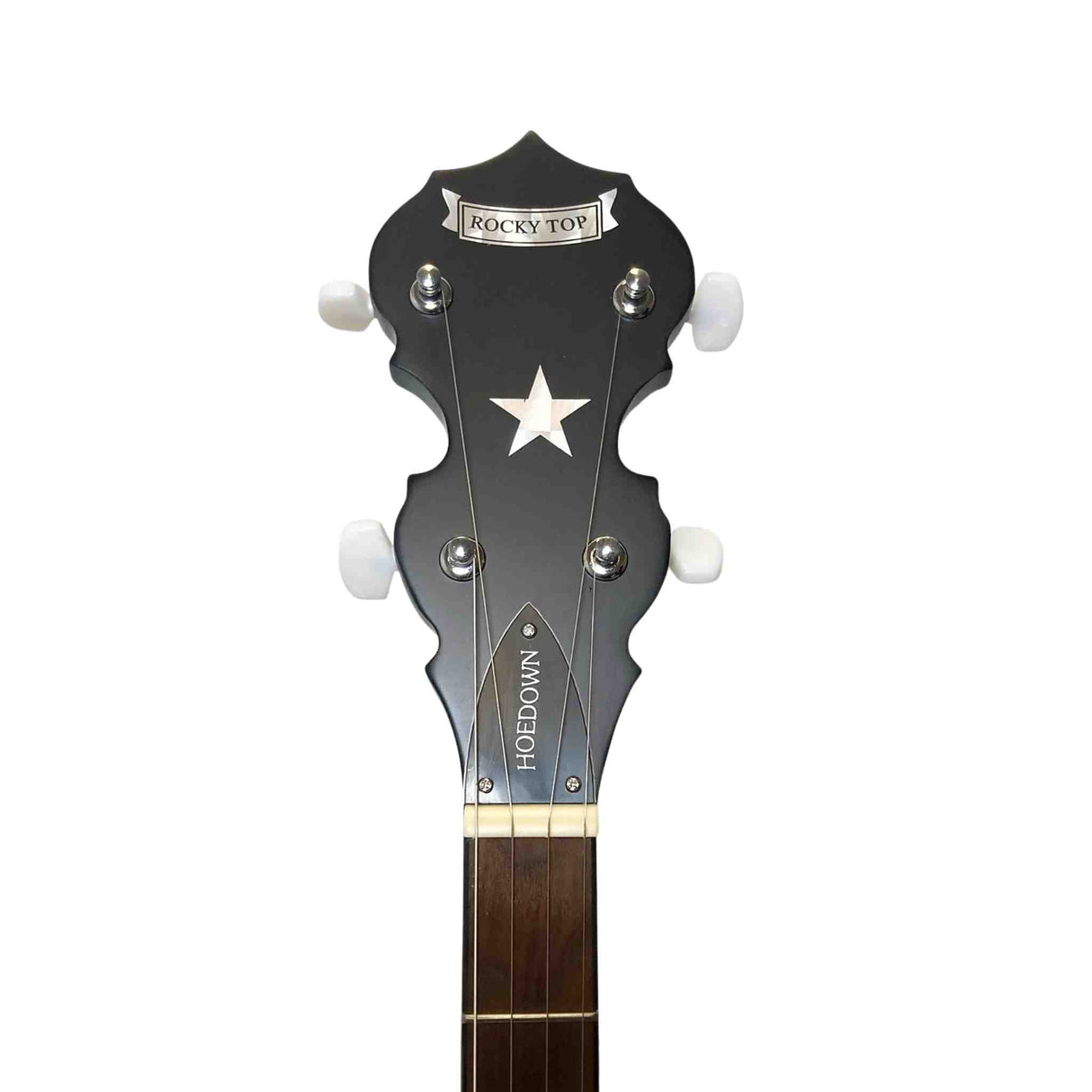 The image shows the headstock of a banjo featuring a "Rocky Top" banner logo, a "HOEDOWN" engraved truss rod cover, and a white star inlay on a black background. It has four white tuning pegs and a dark wood fingerboard with visible position markers. This design reflects a traditional American style, commonly used in folk, bluegrass, and country music.