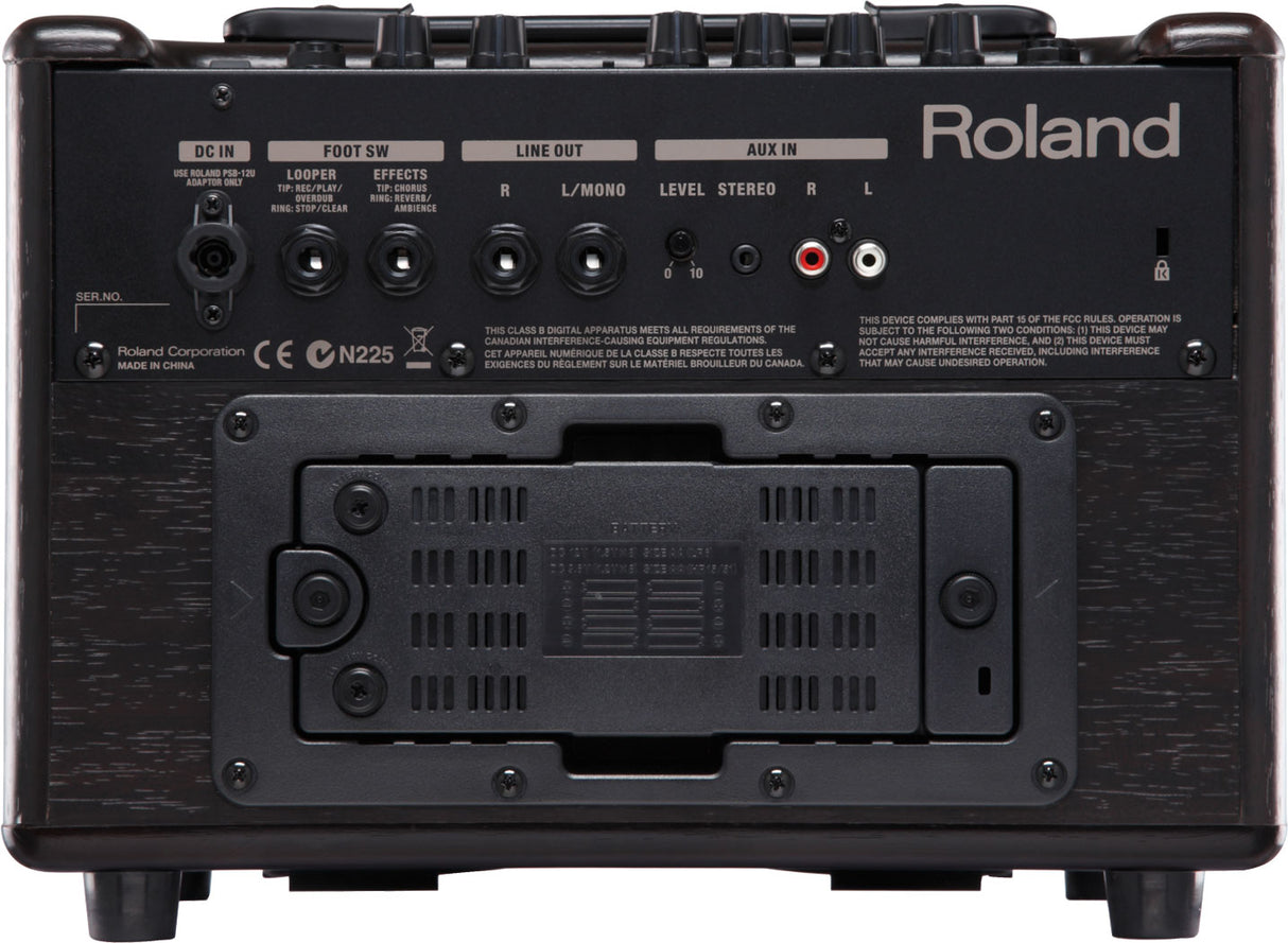 The image shows the back panel of a Roland N225 guitar amplifier with power (DC IN), footswitch (FOOT SW), line out, and stereo RCA AUX IN connections. It includes controls for L/MONO, LEVEL, and STEREO settings, ventilation grilles, regulatory markings, and a serial number field. Designed for practice or small performances, it supports external audio input and remote footswitch control.
