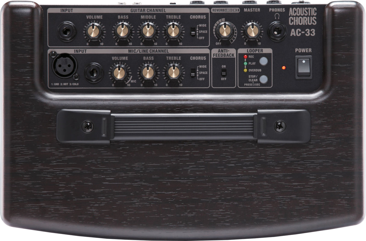 The image shows an Acoustic Chorus AC-33 amplifier designed for acoustic guitars and instruments. It features two input channels: a guitar channel with Volume, Bass, Middle, Treble, and Chorus controls, and a Mic/Line channel with Volume, Bass, Treble, Chorus, and an XLR input. Key features include built-in chorus and reverb effects, anti-feedback control, a looper with Record/Play/Overdub/Stop, master volume, headphone output, and a power switch.