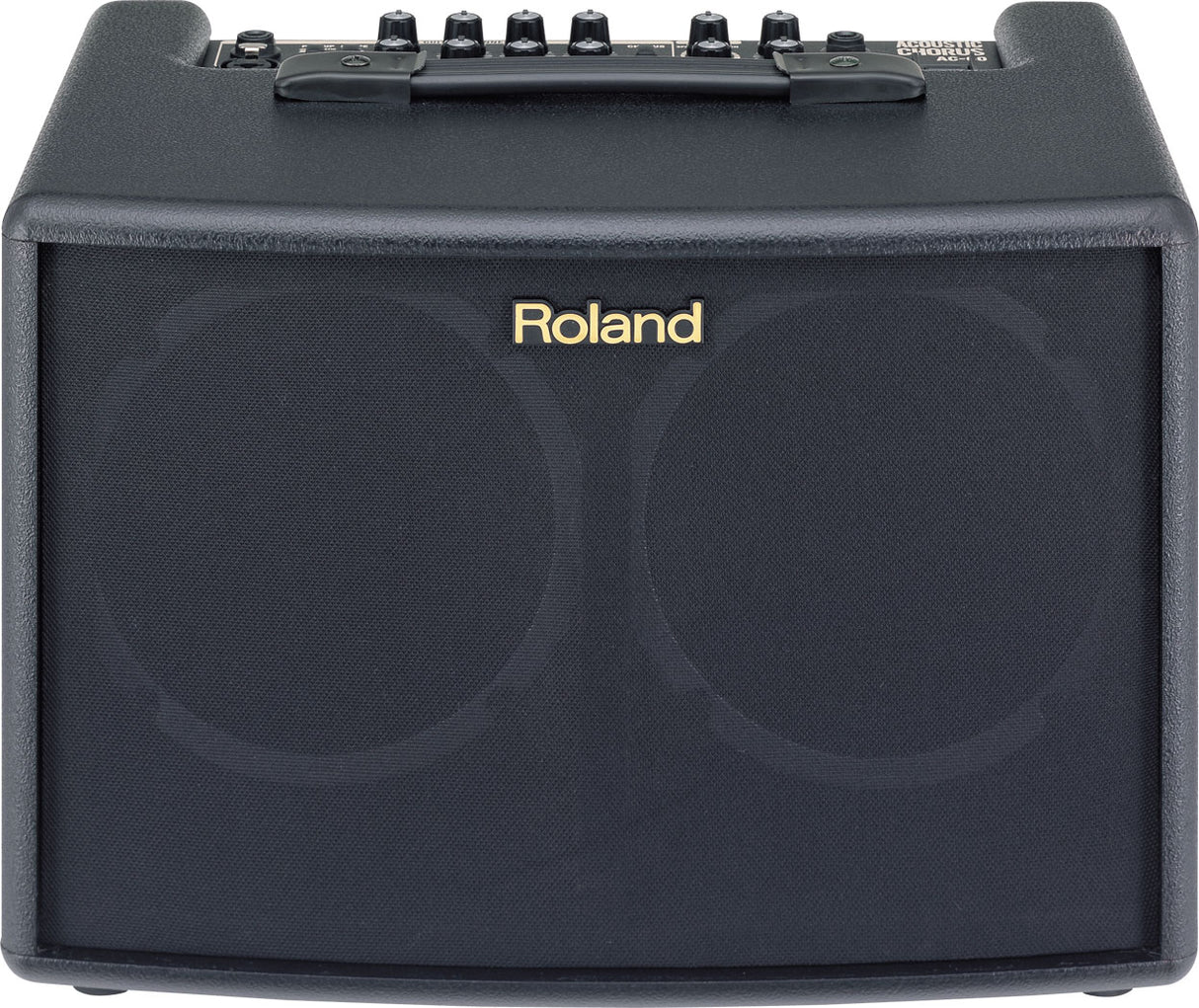 The image shows a compact black Roland guitar amplifier with gold branding on the front grille. It has six black control knobs and additional switches on the top panel, along with a carrying handle. Designed for acoustic guitars, the amp features a clean, professional look with black tolex covering. Ideal for practice and small performances, it combines portability with quality sound, suitable for beginners and professionals.