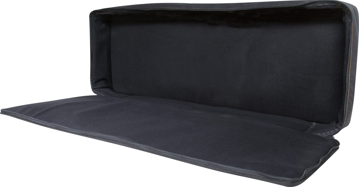 The image shows a black soft case or gig bag for a keyboard or synthesizer. It has a padded interior, a zippered closure, and is made of durable fabric, likely nylon or polyester. Designed for protecting portable electronic keyboards during transport, it offers lightweight, padded protection from dust, moisture, and minor impacts, making it ideal for musicians on the go.