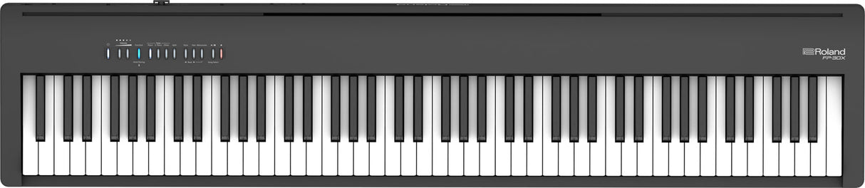 The image shows a Roland FP-30X digital piano with a full 88-key weighted keyboard in a sleek black case. The Roland logo is visible in the top right corner, with control lights on the top panel above the keys. Known for its realistic piano sound and feel, this portable model suits beginners and experienced players alike, featuring multiple voices, connectivity options, and a minimalist professional design.